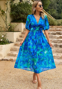 Damen Midikleid mit V-Dekolleté Puffärmeln und Geraffter Taillenpartie - Blau