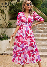 Damen Midikleid mit V-Dekolleté Puffärmeln und Geraffter Taillenpartie - Rosa