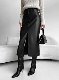 Damen Midirock mit Frontschlitz und Gürtelschlaufen - Schwarz