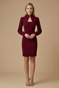 Damen Mini Kleid mit langen Ärmeln, Stehkragen und Ausschnittdetail - Dunkelrot