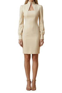 Damen Mini Kleid mit langen Ärmeln, Stehkragen und Ausschnittdetail - Beige
