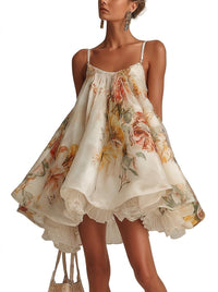 Damen-Minikleid aus Organza mit Blumenmuster - Beige