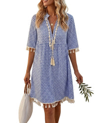 Damen Minikleid mit geometrischem Print und Quasten - Blau
