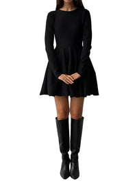 Damen Minikleid mit langen Ärmeln, Rundhalsausschnitt und ausgestelltem Rock - Schwarz