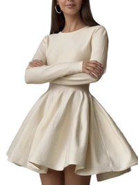 Damen Minikleid mit langen Ärmeln, Rundhalsausschnitt und ausgestelltem Rock - Beige