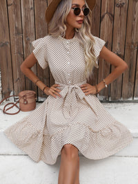Damen-Minikleid mit Punkten und Stufenrock - Beige