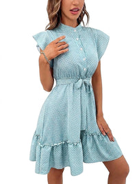Damen-Minikleid mit Punkten und Stufenrock - Himmelblau