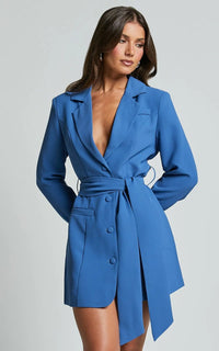 Damen Minikleid mit Reverskragen Langen Ärmeln Knopfverschluss und Bindegürtel - Blau