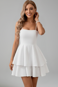 Damen Minikleid mit Spaghettiträgern und Doppelstufigem Rock - Weiß