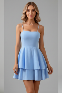 Damen Minikleid mit Spaghettiträgern und Doppelstufigem Rock - Hellblau