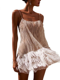 Damen-Minikleid mit Verzierungen und Federbesatz - Beige