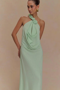 Damen Neckholder Maxikleid mit Rosenapplikationen und offenem Rücken - Grün