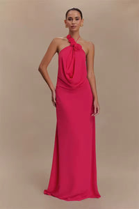 Damen Neckholder Maxikleid mit Rosenapplikationen und offenem Rücken - Rosa
