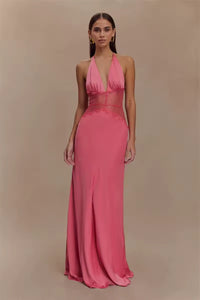 Damen Neckholder Maxikleid mit tiefem V-Ausschnitt und Spitzeneinsatz - Rosa