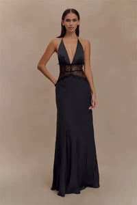 Damen Neckholder Maxikleid mit tiefem V-Ausschnitt und Spitzeneinsatz - Schwarz