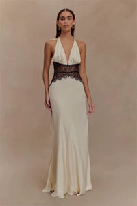 Damen Neckholder Maxikleid mit tiefem V-Ausschnitt und Spitzeneinsatz - Weiß