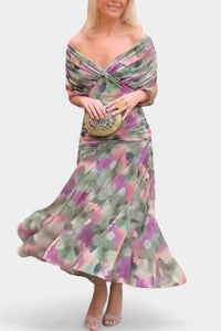 Greta | Damen Off-Shoulder Cocktailparty-Kleid figurbetontes Maxi-Abendkleid - Mehrfarbig