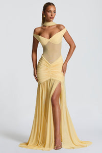 Damen Off-Shoulder Maxikleid mit Schalpartie und halbtransparentem Oberteil - Gelb