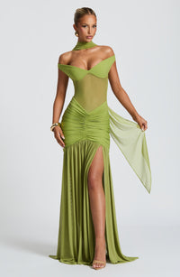 Damen Off-Shoulder Maxikleid mit Schalpartie und halbtransparentem Oberteil - Olivgrün