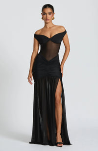 Damen Off-Shoulder Maxikleid mit Schalpartie und halbtransparentem Oberteil - Schwarz