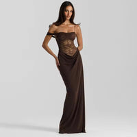 Damen Off-Shoulder Maxikleid mit strukturiertem halbtransparentem Oberteil und gerafftem Rockteil - Braun