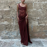 Damen Off-Shoulder Maxikleid mit strukturiertem halbtransparentem Oberteil und gerafftem Rockteil - Burgund