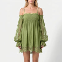 Damen Off-Shoulder Minikleid mit Spitzenärmeln - Grün