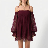 Damen Off-Shoulder Minikleid mit Spitzenärmeln - Weinrot
