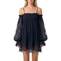 Damen Off-Shoulder Minikleid mit Spitzenärmeln - Navyblau
