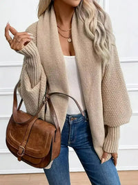 Damen Offene Strickjacke mit Schalkragen Fledermausärmeln und Gerippten Bündchen - Khaki