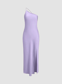 Damen One-Shoulder Satin-Maxikleid mit Schlitz - Lila