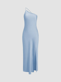 Damen One-Shoulder Satin-Maxikleid mit Schlitz - Blau