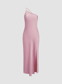 Damen One-Shoulder Satin-Maxikleid mit Schlitz - Rosa