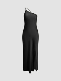 Damen One-Shoulder Satin-Maxikleid mit Schlitz - Schwarz