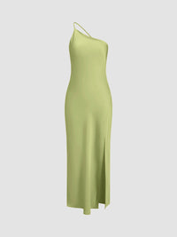 Damen One-Shoulder Satin-Maxikleid mit Schlitz - Grün