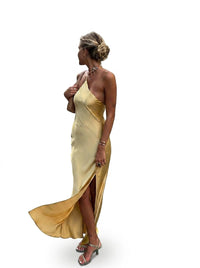 Damen One-Shoulder Satin-Maxikleid mit Schlitz - Gelb