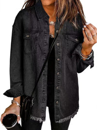 Charlotte | Damen Oversized Jeansjacke Langarm mit Knopfleiste und Fransen - Schwarz