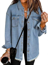 Charlotte | Damen Oversized Jeansjacke Langarm mit Knopfleiste und Fransen - Hellblau