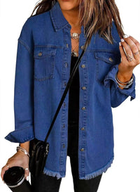 Charlotte | Damen Oversized Jeansjacke Langarm mit Knopfleiste und Fransen - Dunkelblau