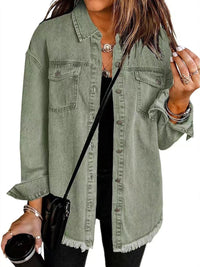 Charlotte | Damen Oversized Jeansjacke Langarm mit Knopfleiste und Fransen - Olivgrün