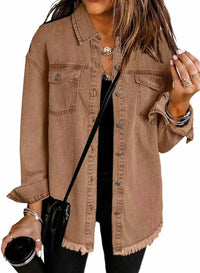Charlotte | Damen Oversized Jeansjacke Langarm mit Knopfleiste und Fransen - Braun