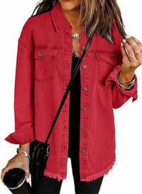 Charlotte | Damen Oversized Jeansjacke Langarm mit Knopfleiste und Fransen - Rot