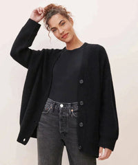 Lena | Damen Oversized Kaschmir V-Ausschnitt Cardigan - Schwarz
