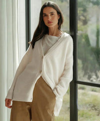 Lena | Damen Oversized Kaschmir V-Ausschnitt Cardigan - Weiß
