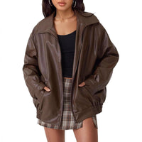 Lena | Damen Oversized Kunstleder Bomber Lederjacke mit Reißverschluss - Aprikose