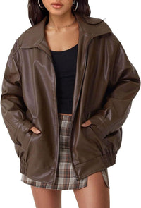 Lena | Damen Oversized Kunstleder Bomber Lederjacke mit Reißverschluss - Dunkelbraun
