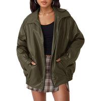 Lena | Damen Oversized Kunstleder Bomber Lederjacke mit Reißverschluss - Olivgrün