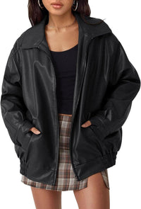 Lena | Damen Oversized Kunstleder Bomber Lederjacke mit Reißverschluss - Schwarz