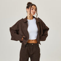 Emilia | Damen Oversized Kurzgeschnittene Kunstwildleder Bomberjacke - Braun