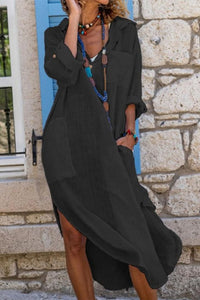 Sophie | Damen Oversized Linen Midi-Sommerkleid V-Ausschnitt - Schwarz